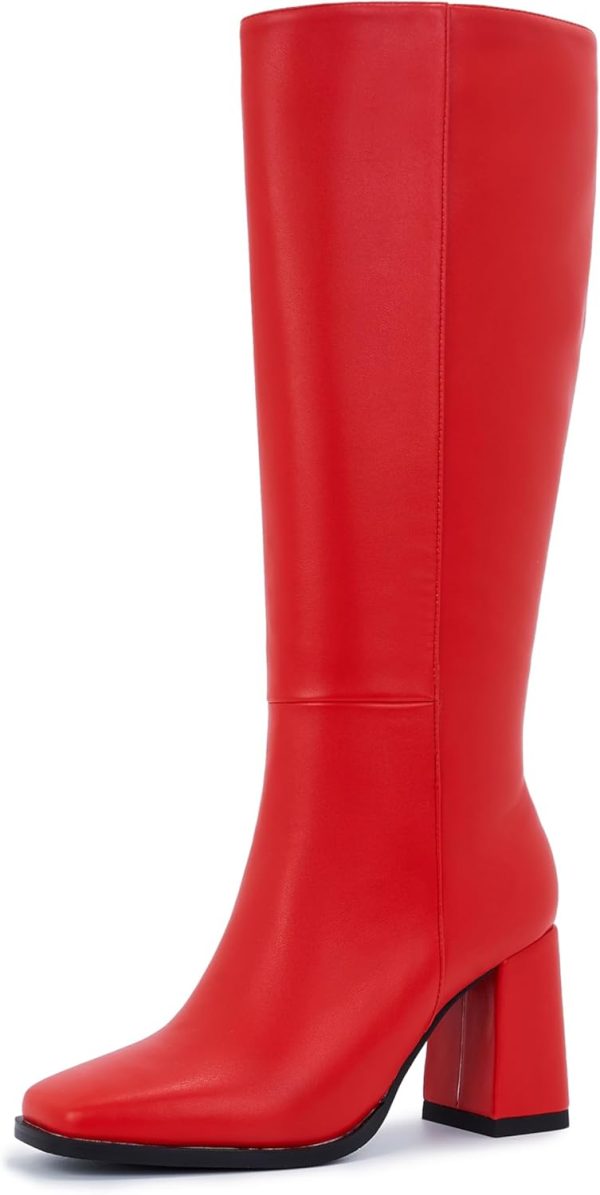 Aizhenzm Knee-High Boots for Women - Wide Calf Boots with Zipper, Square Toe Tall Leather Boots, Chunky Heel Fashion Long Boots