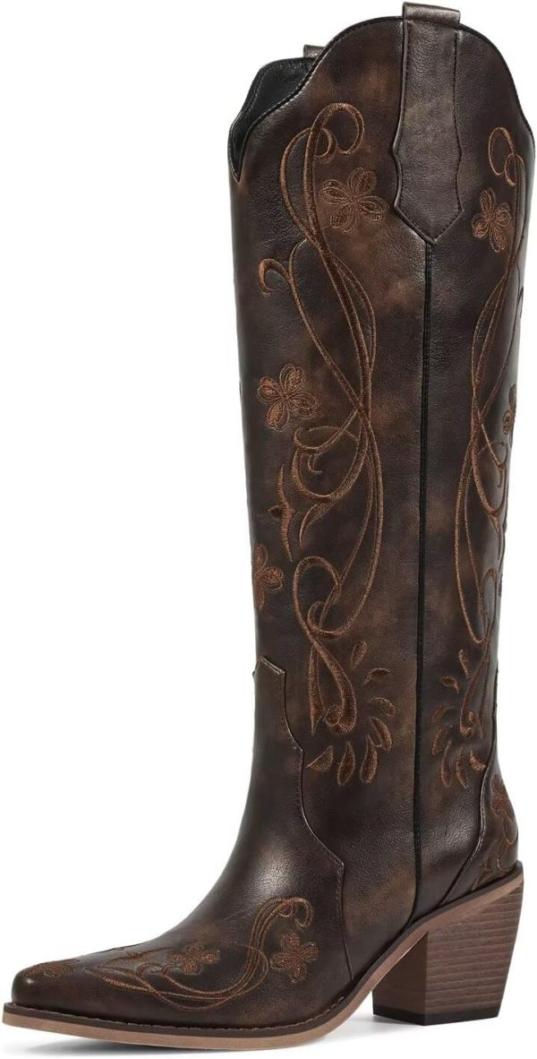 wetkiss Knee High Cowgirl Boots Cowboy Boots for Women Dark Brown Western Boots Cowboy Cowgirl Boots Womens Knee High Brown Boots Thigh High Country Boots Western Light Brown Tall Boots