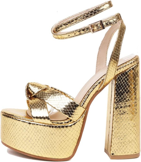 YIYA Women's Metallic Platform Chunky Heeled Sandals Open Round Toe Strappy Heels Ankle Strap Wedding Party Dress Shoes